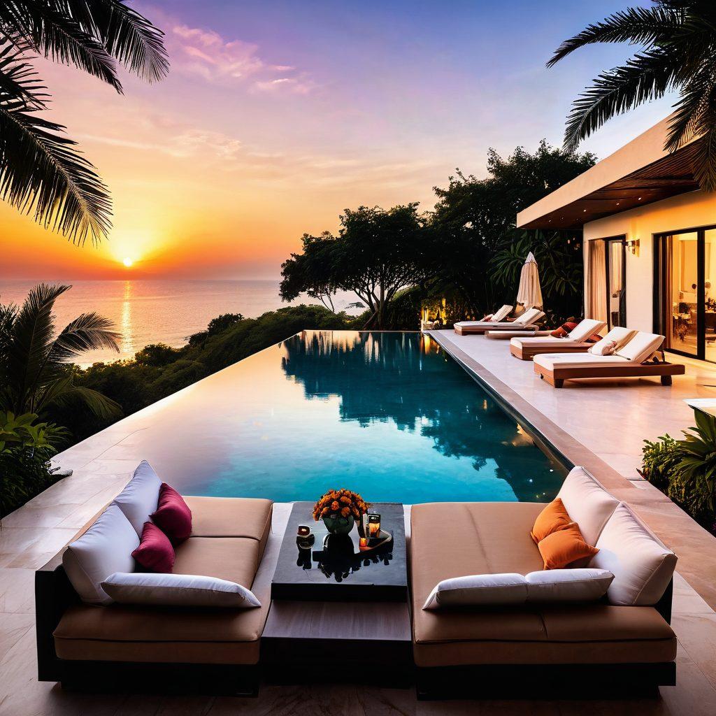A luxurious villa with a stunning infinity pool overlooking a serene sunset, surrounded by lush gardens and elegant outdoor lounge areas. Stylish interiors with plush furniture, open spaces, and modern decor. A couple enjoying a romantic dinner by the poolside. super-realistic. vibrant colors. tropical ambiance.
