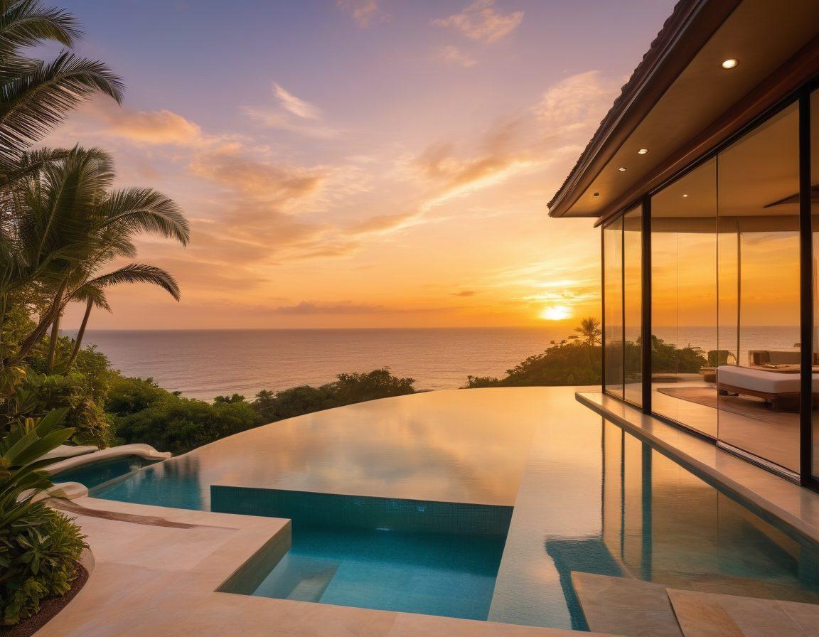 A stunning villa set against a serene coastline at sunset, with luxurious interiors visible through wide glass doors, including plush furnishings and elegant decor. Tropical gardens surround the villa, and an infinity pool reflects the golden sky. super-realistic. vibrant colors.