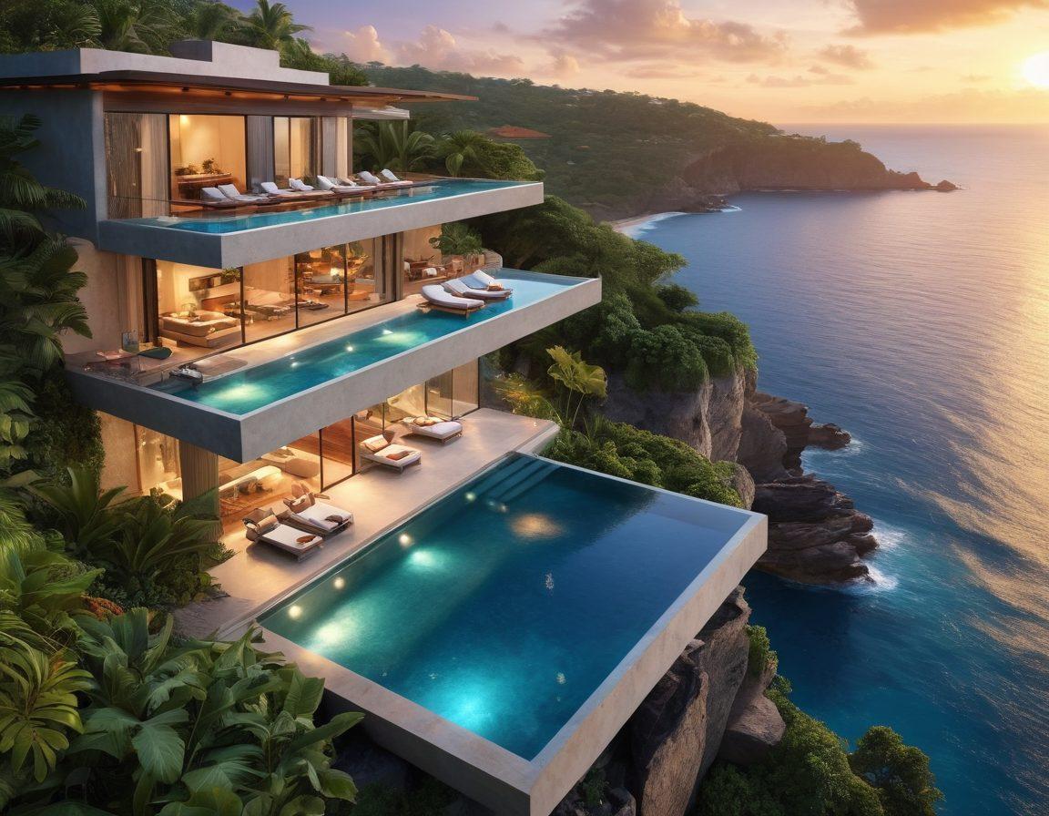A luxurious, sun-drenched villa perched on a cliff overlooking a sparkling azure ocean. Lavishly decorated interiors with elegant modern furniture, infinity pool, and lush tropical gardens. Guests lounging with joyful expressions, savoring gourmet delights, and breathtaking sunset vistas. super-realistic. vibrant colors. serene ambiance.